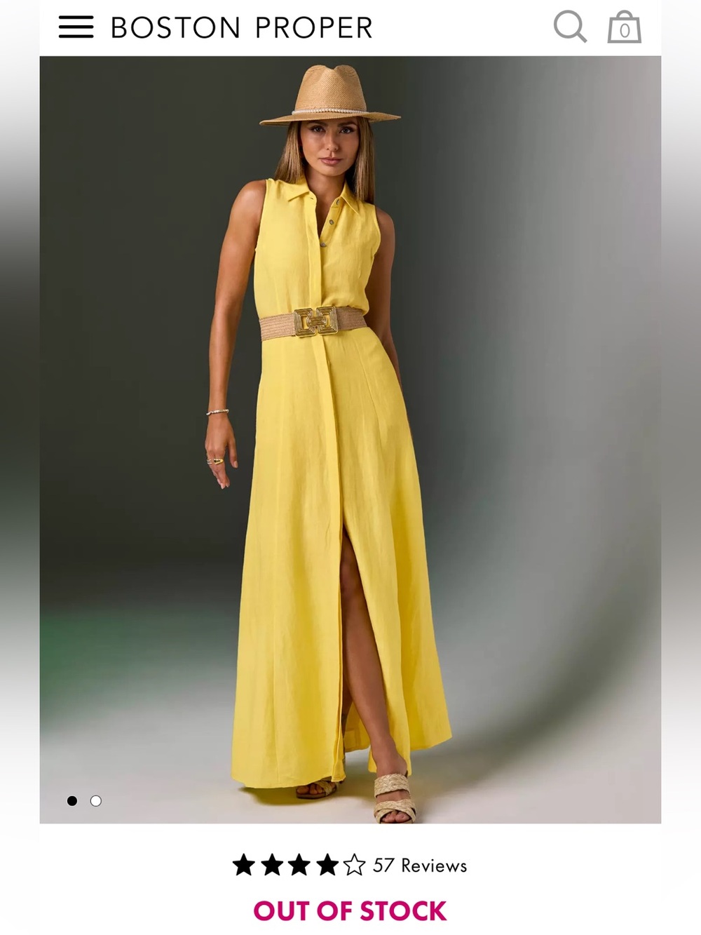 Boston Proper Bright Yellow Sleeveless Maxi Shirt Dress with Tie Waist